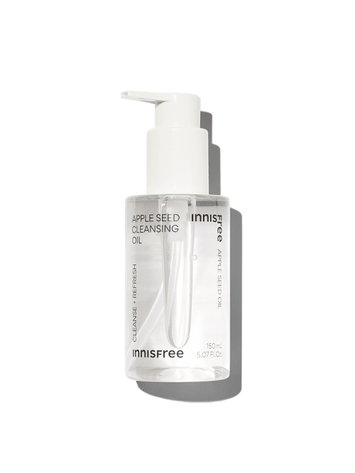 Clear pump bottle of cleansing oil with minimalist white label and text emphasizing thorough skin cleansing benefits
