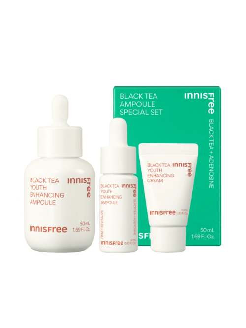 Set of three Innisfree Black Tea Youth Enhancing Ampoule products with green box emphasizing hydration boost benefits