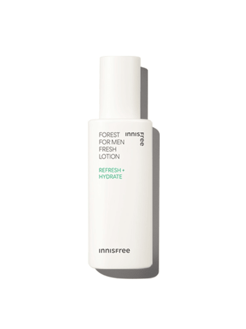 Minimalist white lotion bottle labeled for men with refreshing hydrating benefits and clean design on white background
