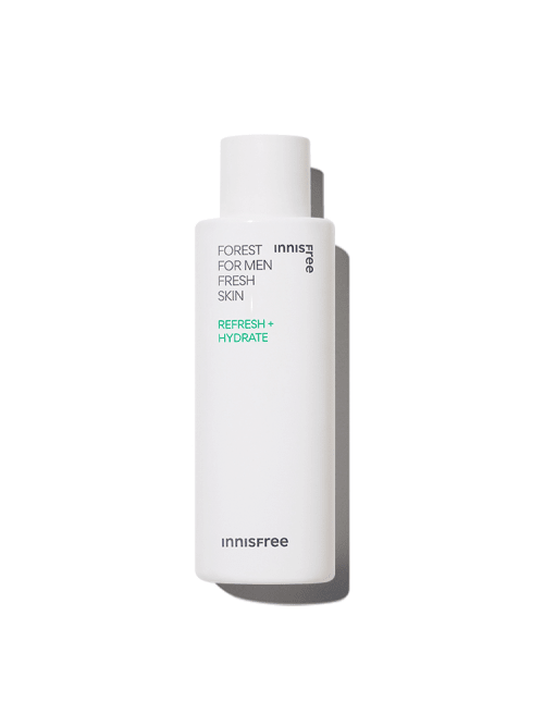 White bottle of men's skincare lotion promoting hydration and refreshing effects with minimalist text design on plain background