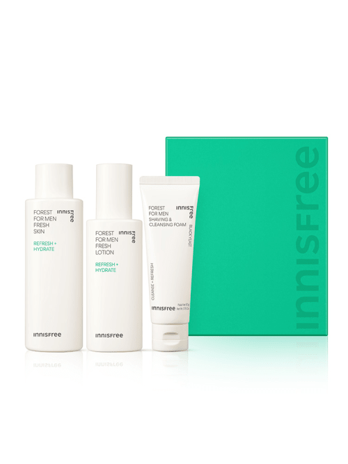 Minimalist skincare set for men featuring refresh and hydrate lotion, skin toner, and shaving foam with green box