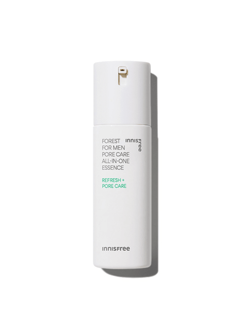 Minimalist white bottle of pore care essence with pump dispenser and green text highlighting refresh and pore benefits