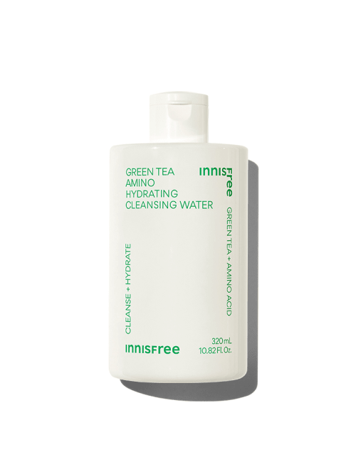 White bottle of hydrating green tea amino cleansing water with green text and clean minimalist design on white background