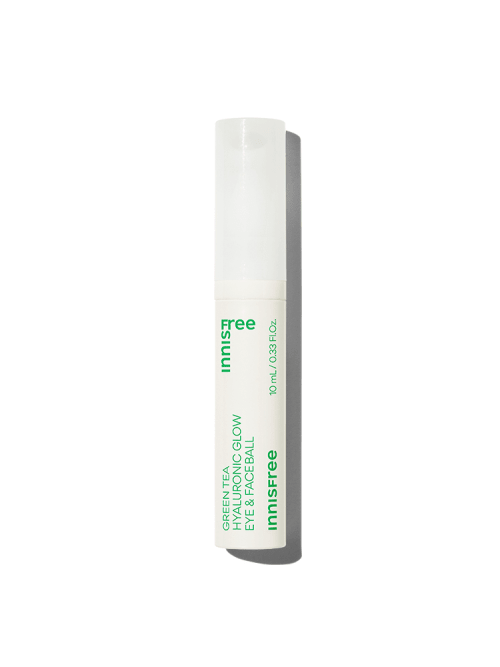 Slim white cylinder bottle with green text highlighting hydration boost from green tea and hyaluronic acid ingredients