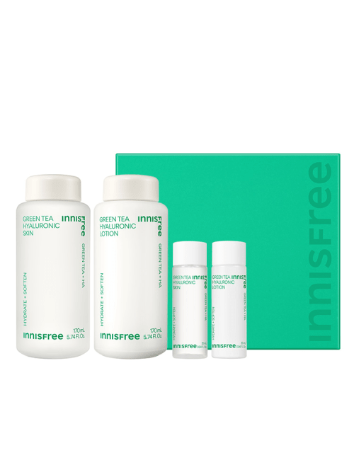 Set of white bottles with green text for hydrating skin and lotion paired with a green box for deep hydration benefits