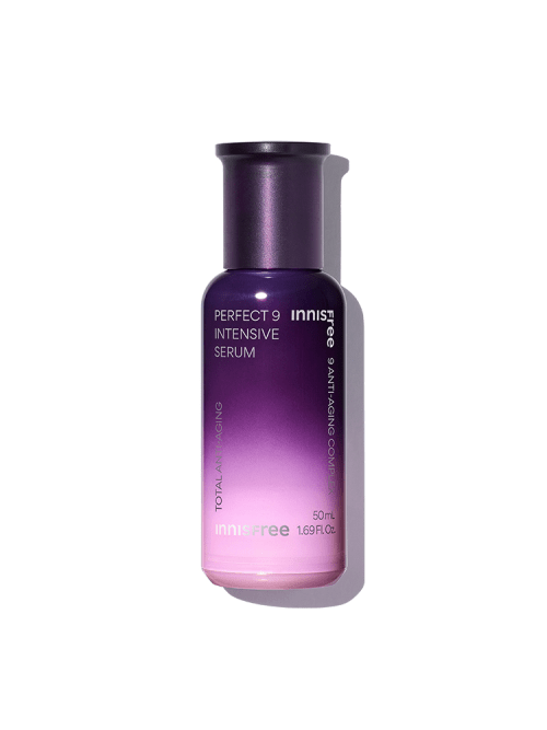 Purple ombre bottle of anti-aging intensive serum with 50ml capacity and sleek matte finish on white background
