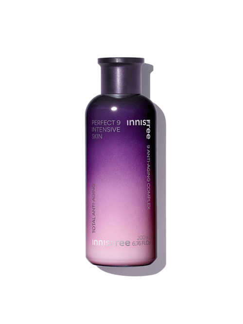 Gradient purple to pink bottle of hydrating skincare product promoting intensive skin care benefits and anti-aging effects