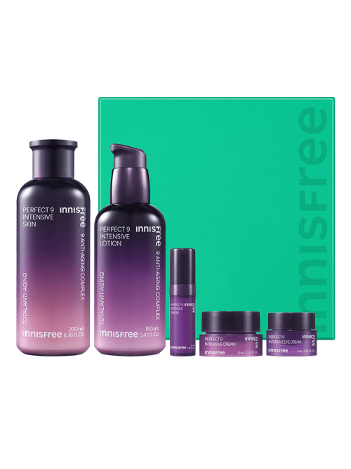 Set of purple gradient skincare bottles and jars with green box, highlighting hydration boost benefits