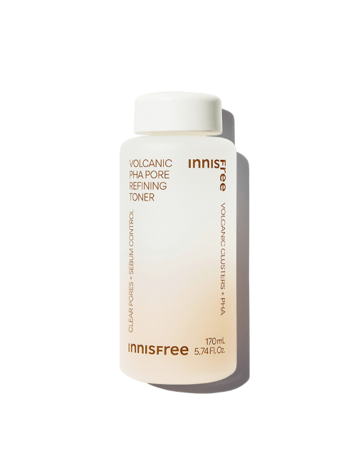 Minimalist frosted bottle of volcanic PHA pore refining toner for oil control with clean white cap on white background