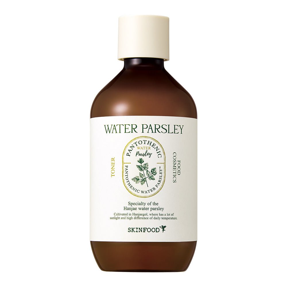 Brown bottle of purifying toner with white label featuring green botanical illustration and cream cap on white background