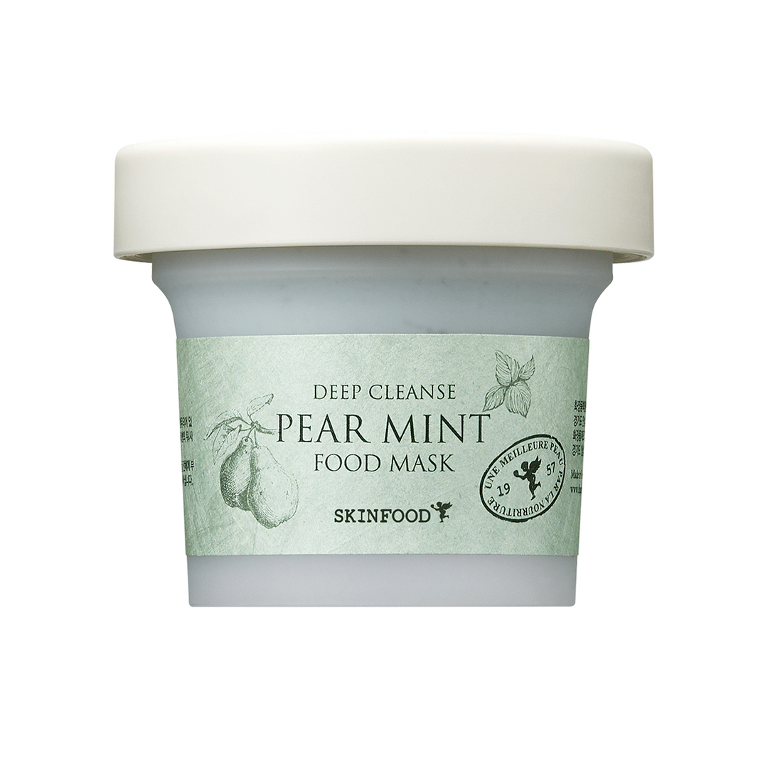 Jar of pear mint food mask with cooling effect in pale green label and white lid on white background