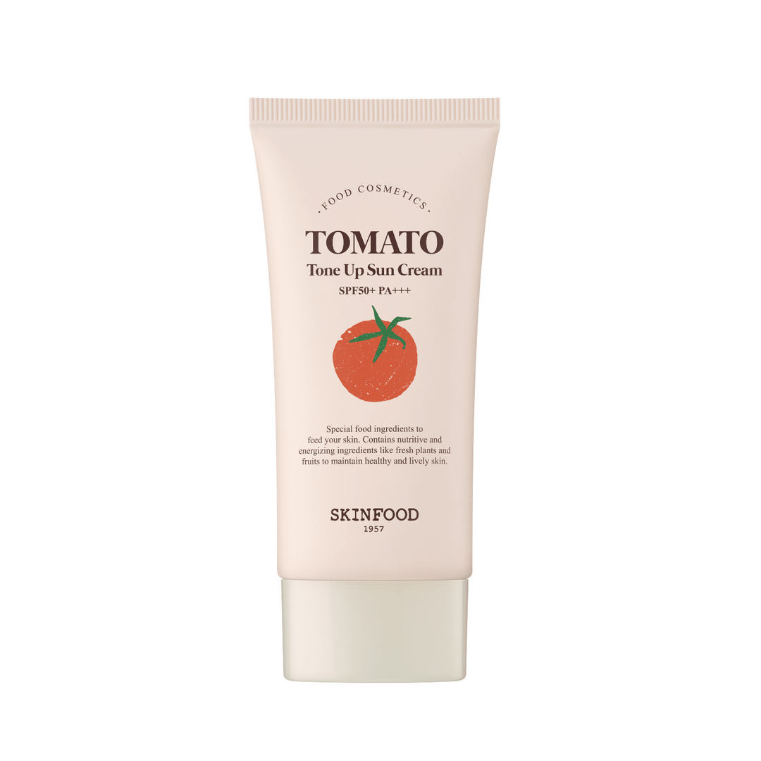 Creamy tube of tomato-infused tone-up sun cream with SPF50+ PA+++ for effective UV protection and skin brightening