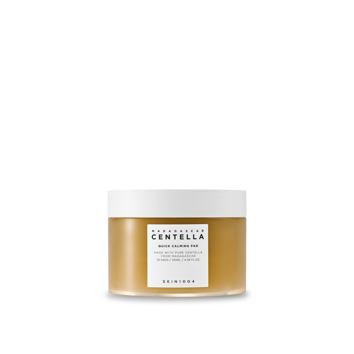Golden jar of centella quick calming pads with white lid and label highlighting deep hydration benefits