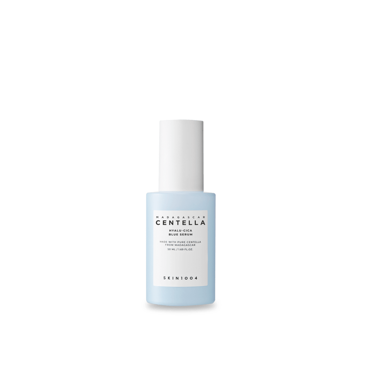 Light blue skincare serum bottle with white cap and minimal text highlighting centella and hydration benefits