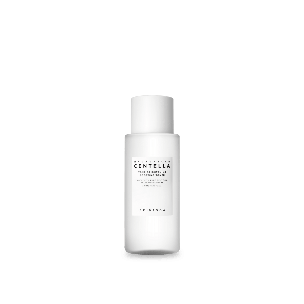 Minimalist white bottle of tone brightening boosting toner with hydration benefits on a plain background
