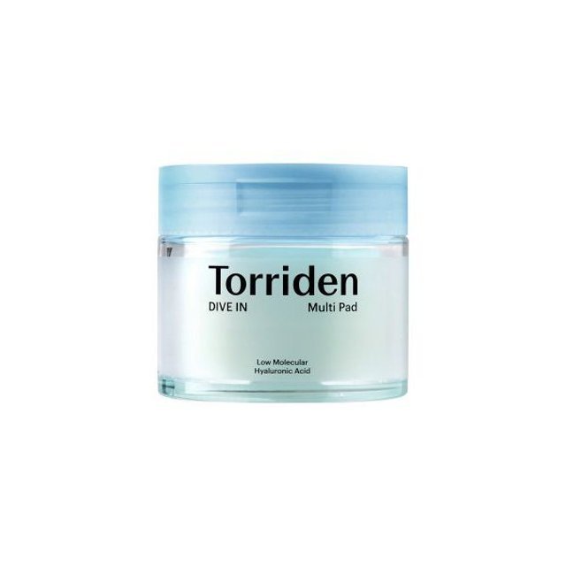 Torriden Dive-In Multi Pad 80 Pads in clear jar with blue lid for instant hydration using low molecular hyaluronic acid