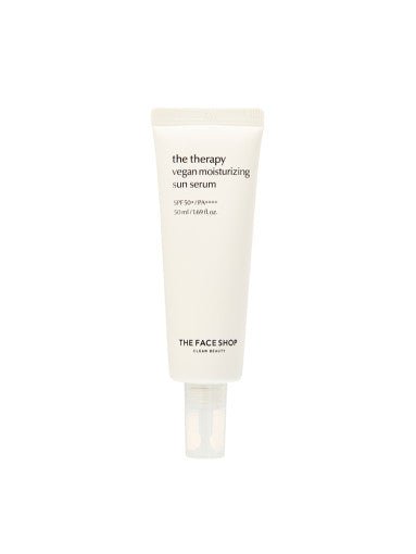 Minimalist white tube of moisturizing sun serum with SPF50+ PA++++ broad spectrum protection on plain white background