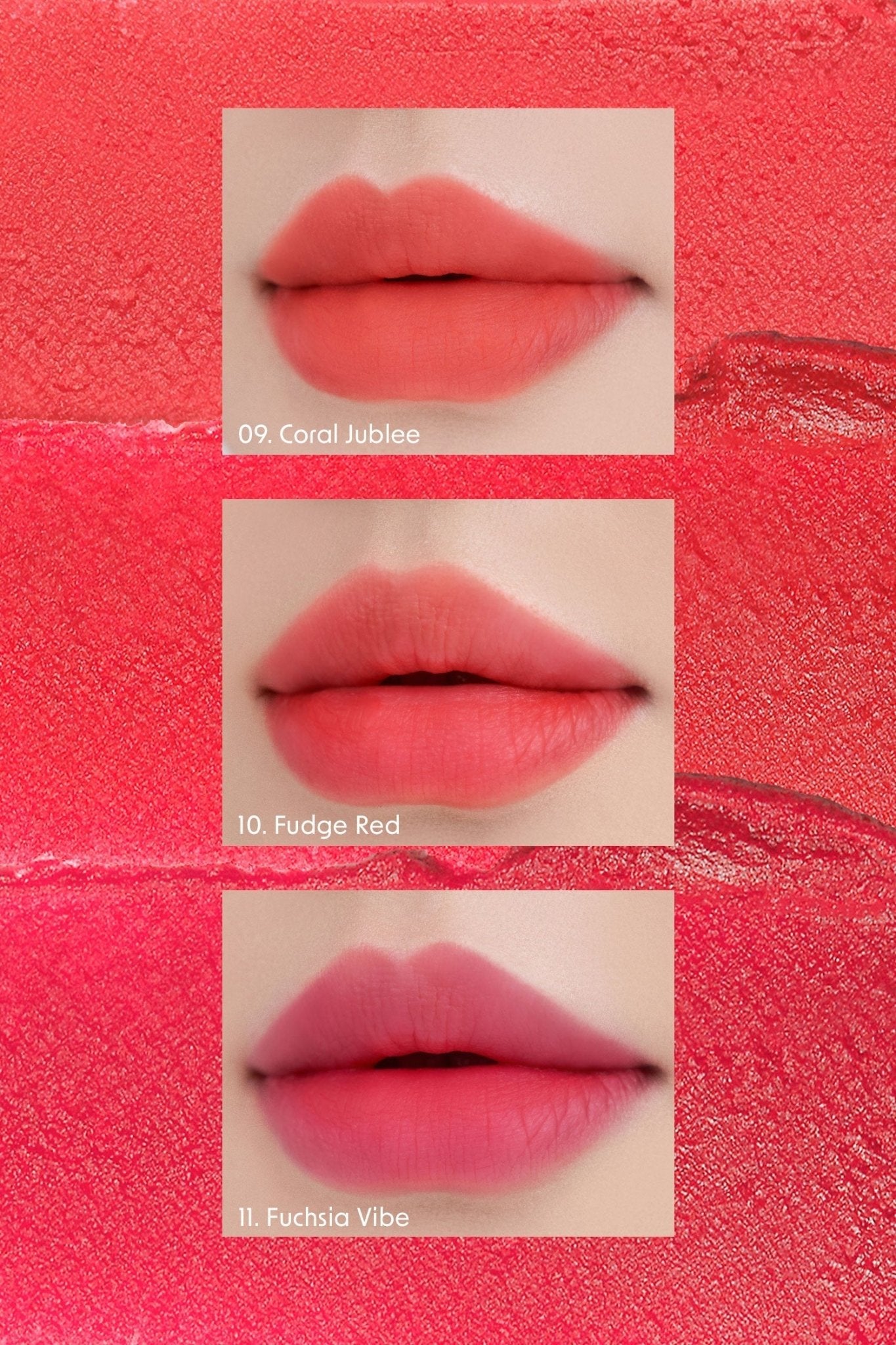 Three lip close-ups showing gradient tint effects in coral, red, and fuchsia shades with a soft matte finish.