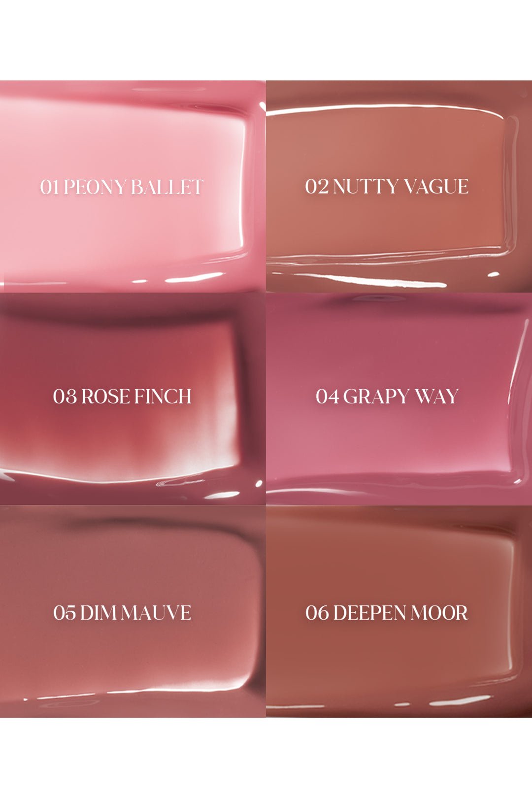 Glossy color swatches in six muted pink and brown tones labeled with shade names and numbers for lip gloss options.