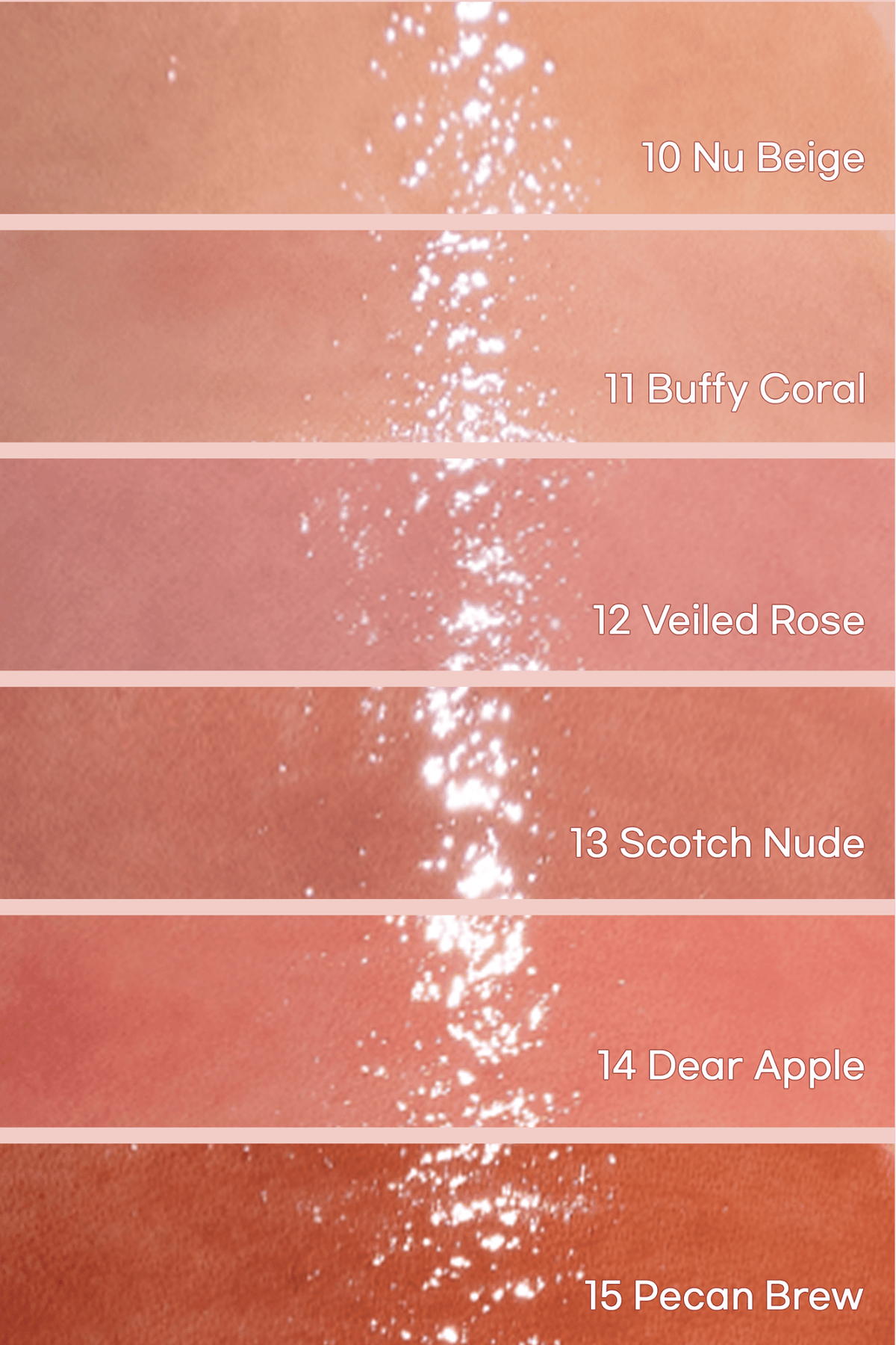 Six moisturizing balm shade swatches from light beige to warm brown with a central sparkling highlight streak