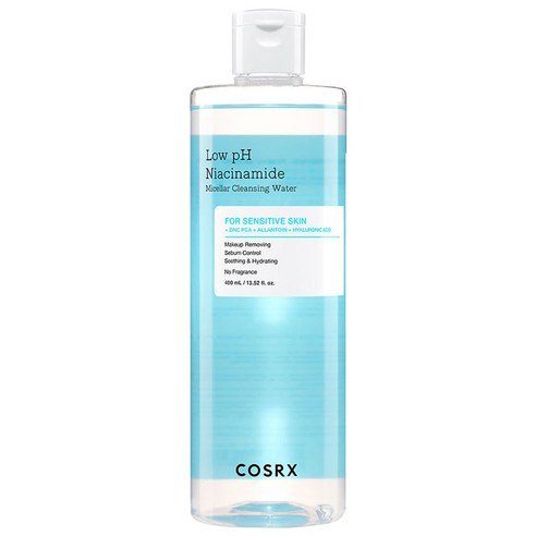 Clear bottle of gentle low pH niacinamide micellar cleansing water with blue label for sensitive skin benefits
