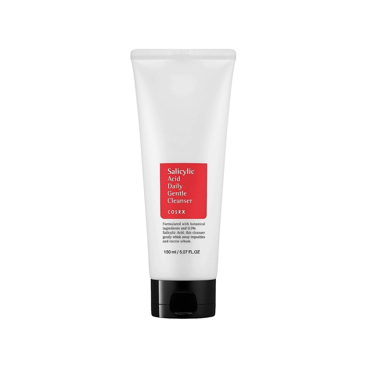 White tube of gentle cleanser with red label and black cap on a plain white background