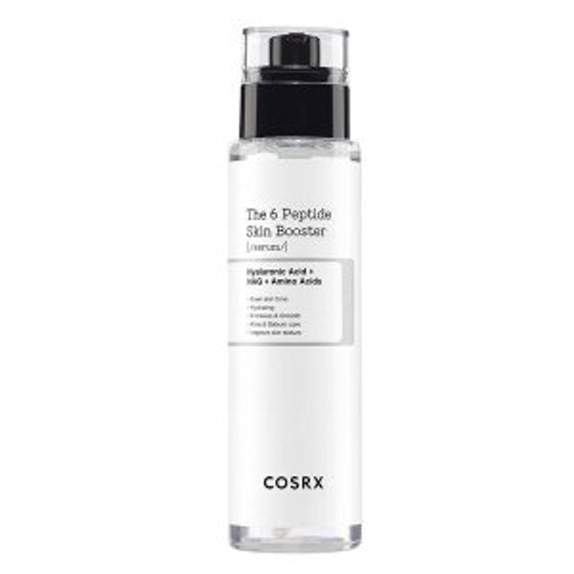 Clear cylindrical bottle of peptide skin booster serum with black pump and minimal white label design