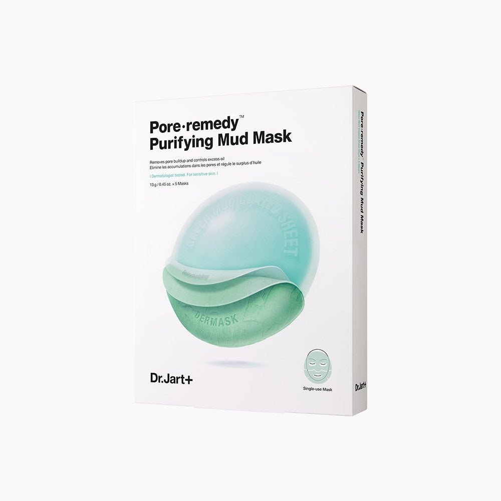 Dr.Jart+ Pore·remedy Purifying Mud Face Mask 13g X 5ea for oil reduction with soothing green mud mask design.