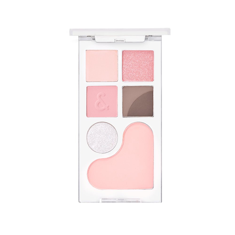 Compact palette with soft pastel shades including matte, shimmer, and cream textures in pink and brown tones