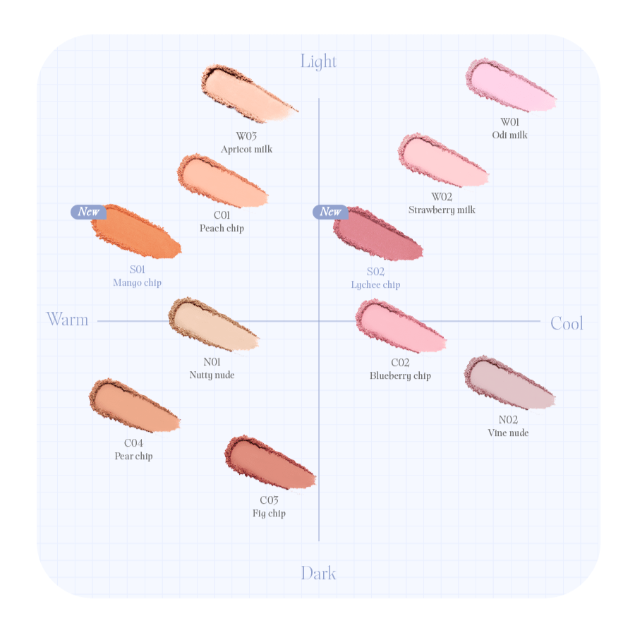 Twelve cheek color swatches arranged by light to dark and warm to cool tones labeled with chip names and codes.