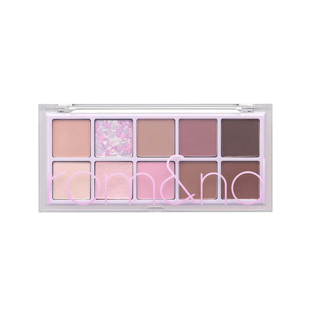 Eyeshadow palette with ten versatile matte and shimmer shades in soft lilac and neutral tones with clear lid