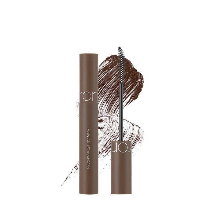 Brown mascara tube and wand with brush applying smooth water-resistant formula stroke on white background
