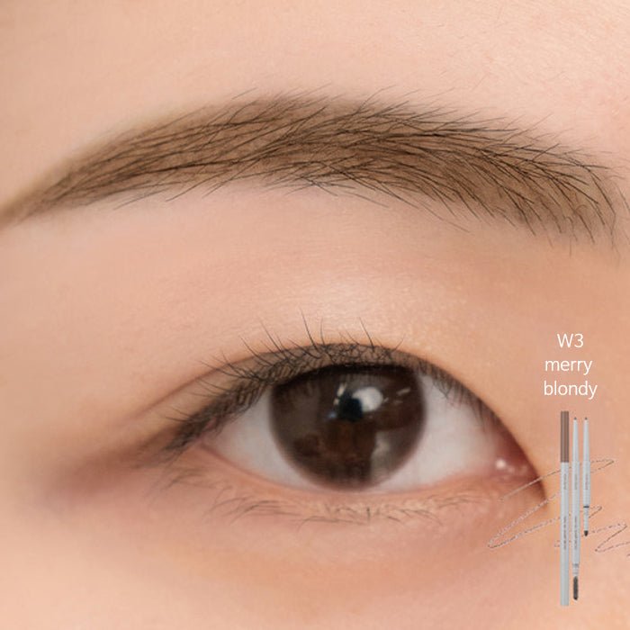 Close-up of a natural eyebrow with precise, soft strokes highlighting detail and definition in light blond shade.