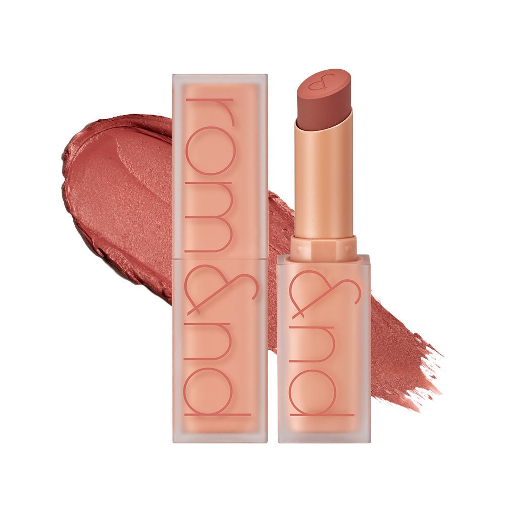 Matte nude lipstick tube with matching creamy swatch behind, highlighting comfortable wear formula.