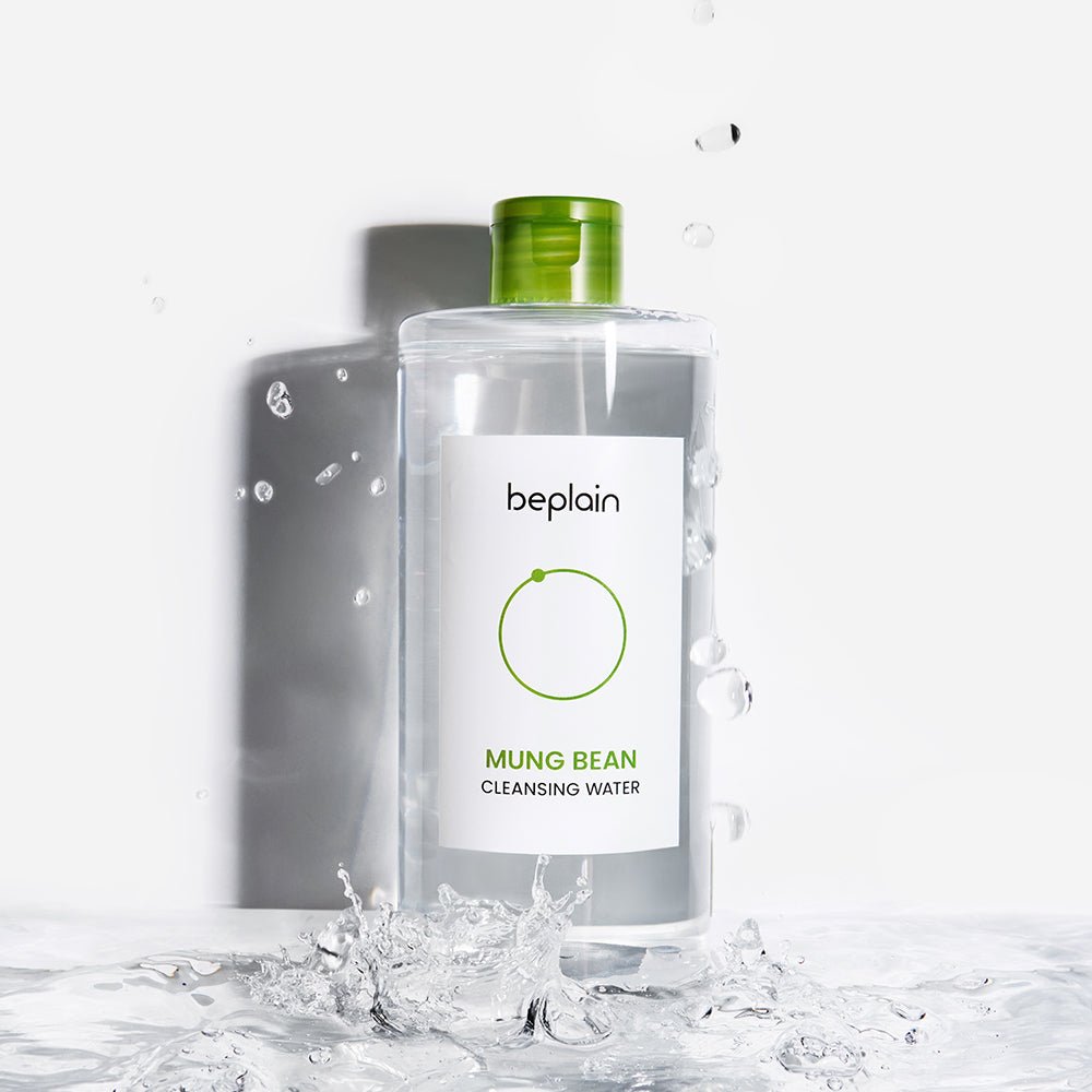 beplain Mung Bean Cleansing Water 400ml clear bottle with green cap surrounded by splashing water droplets