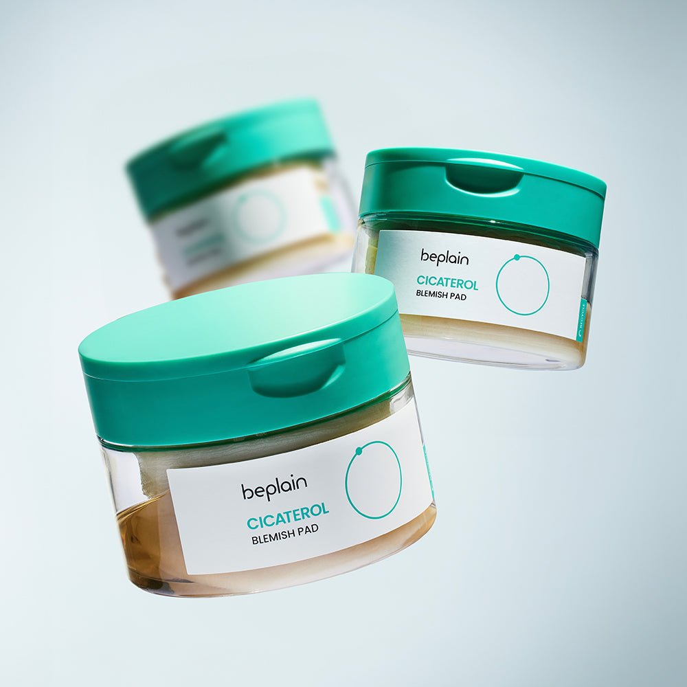 beplain Cicaterol Blemish Pads 70 sheets in clear jars with teal lids highlighting cooling effect for skin care