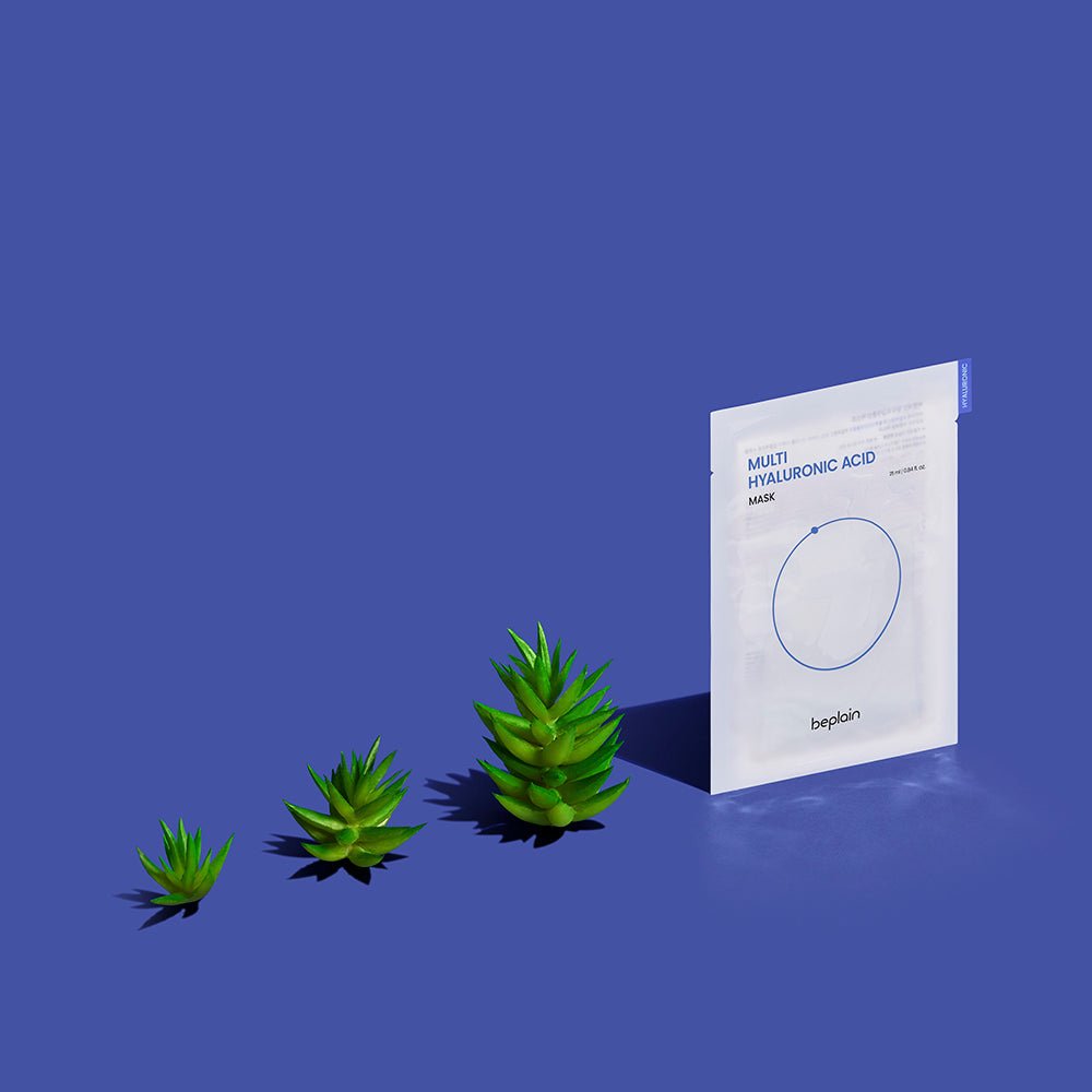 beplain Multi Hyaluronic Acid Mask 10P with minimalist white packaging and green succulents on blue background for hydration benefits