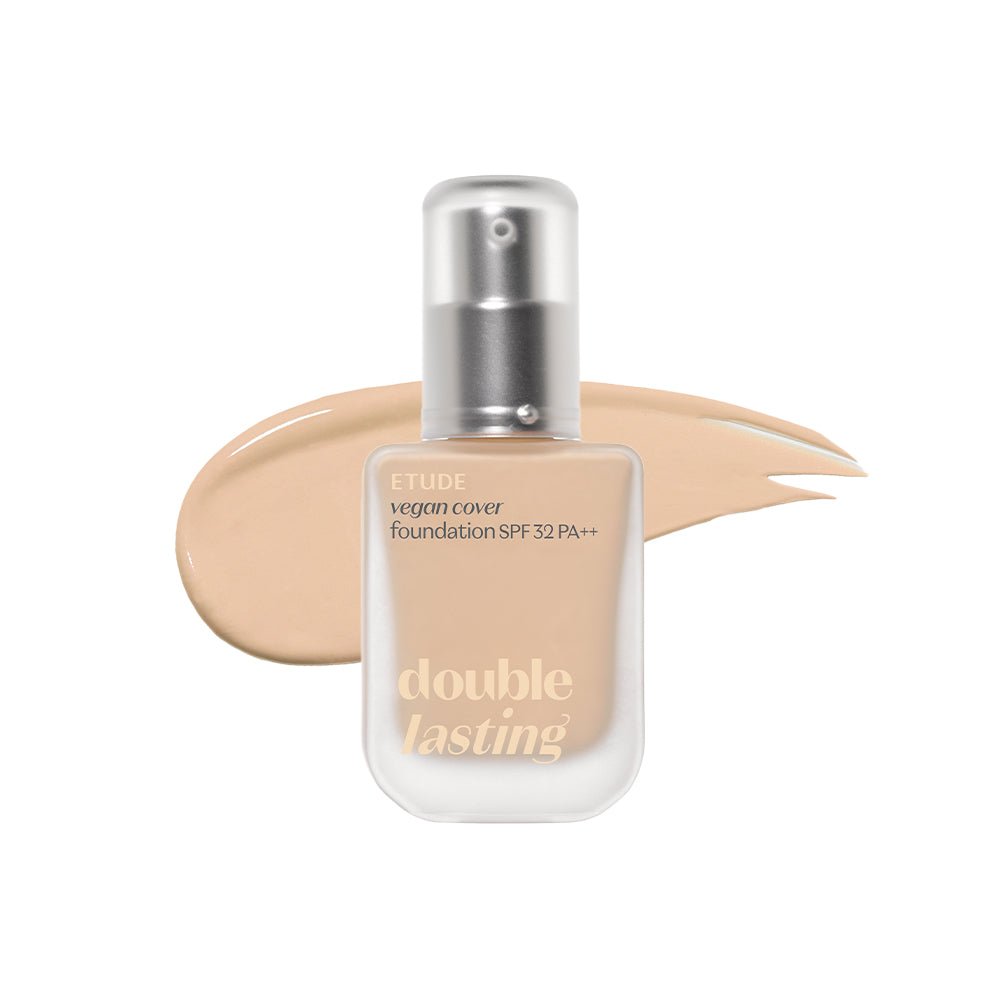 ETUDE Double Lasting Vegan Cover Foundation SPF32/PA++ 30g bottle with beige foundation swatch for long-lasting coverage