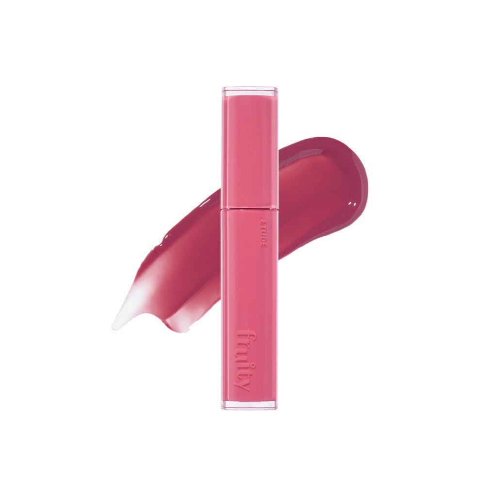ETUDE Fruity Dewy Tint 4.5g in rosy pink shade with hydration boost and smooth glossy texture swatch behind