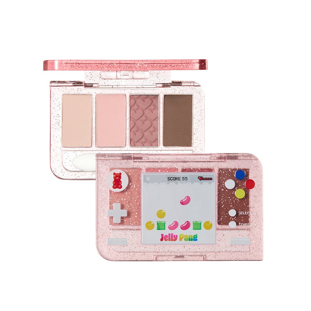 ETUDE Jelly Pang Play Color Eyes palette in playful pink game console design with four multi-functional eyeshadow shades