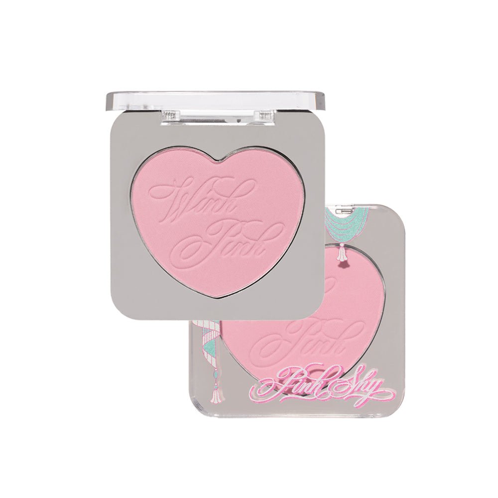 ETUDE Pink Shy Heart Pop Blusher 4g in soft pink shade with heart-shaped embossed powder and limited edition compact
