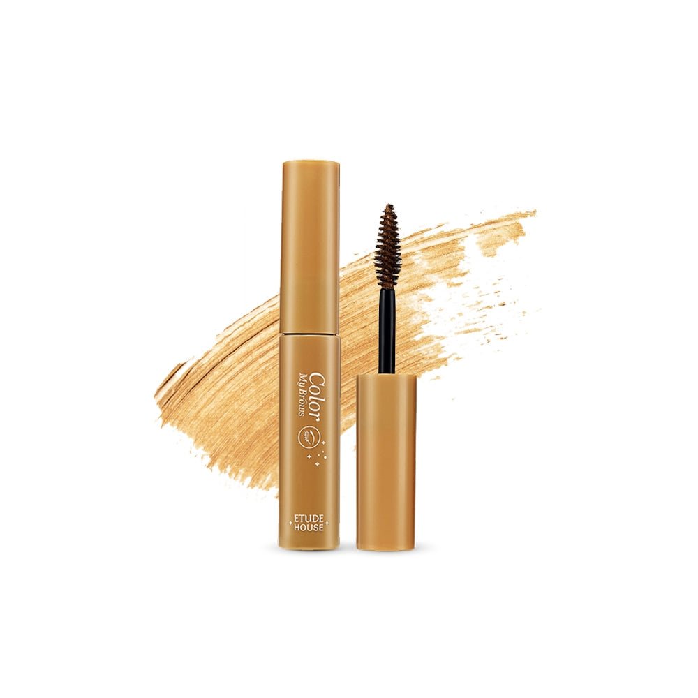 ETUDE Color My Brows 4.5g in natural shade with brush applicator and soft color swatch background