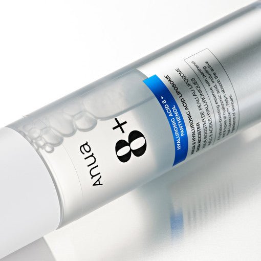 Clear bottle of skin booster with white cap and blue label detail highlighting hydration benefits on light background
