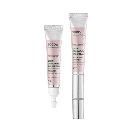VT Cica Collagen Eye Cream Refill Only 15ml tube next to full-size silver-capped product focusing on restored elasticity benefits