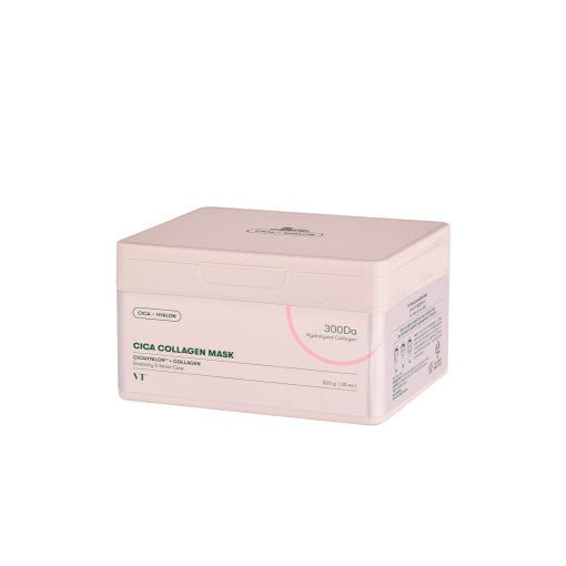 VT Cica Collagen Mask 320g 30ea in light pink container designed to tighten skin for firm complexion benefits