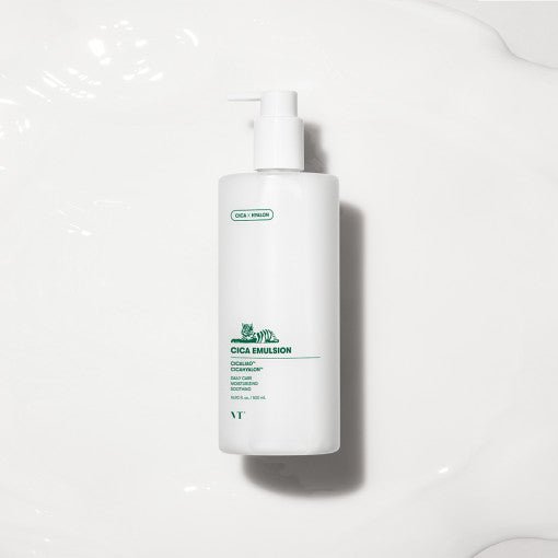 VT Cica Emulsion Jumbo 500ml in white pump bottle delivering deep moisturizing benefits for hydrated skin care routine