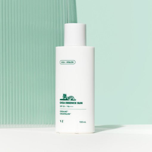 VT Cica Essence Sun 100ml SPF50+/PA++++ white bottle with green text highlighting UV protection benefits