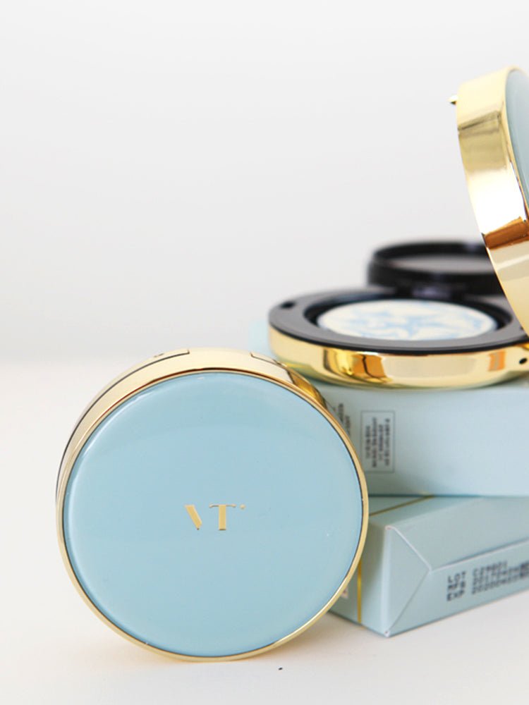 VT Essence Sun Pact SPF50+ PA+++ 11g with sleek blue and gold compact designed for effective UV protection and skin care.