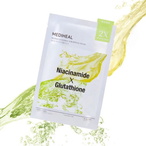 Single sheet mask packet with green and yellow liquid splashes highlighting blemish improvement benefits