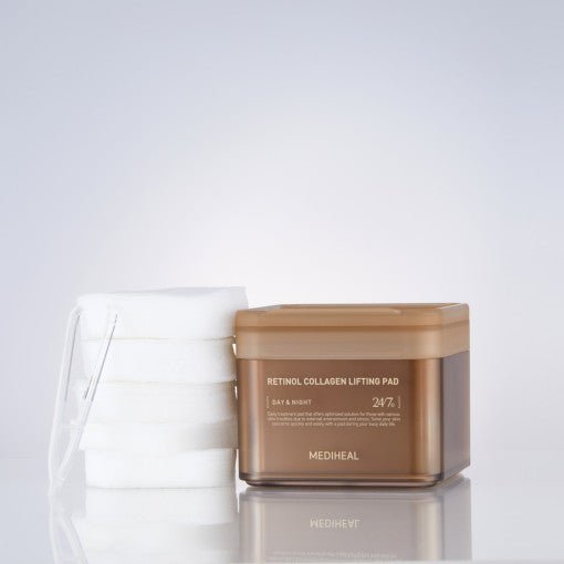 Stack of white skincare pads next to a square beige container labeled with retinol collagen lifting pad benefits